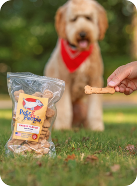 Dog outside with bag of treats.